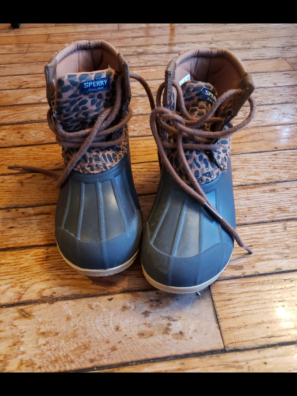 Sperry Kids Brown Leopard & Dark Green Waterproof Duck Boots